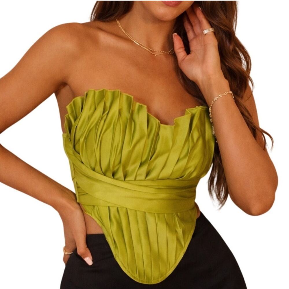 PrettyLittleThing Olive Green Satin Bustier Top Strapless Corset Style US 8